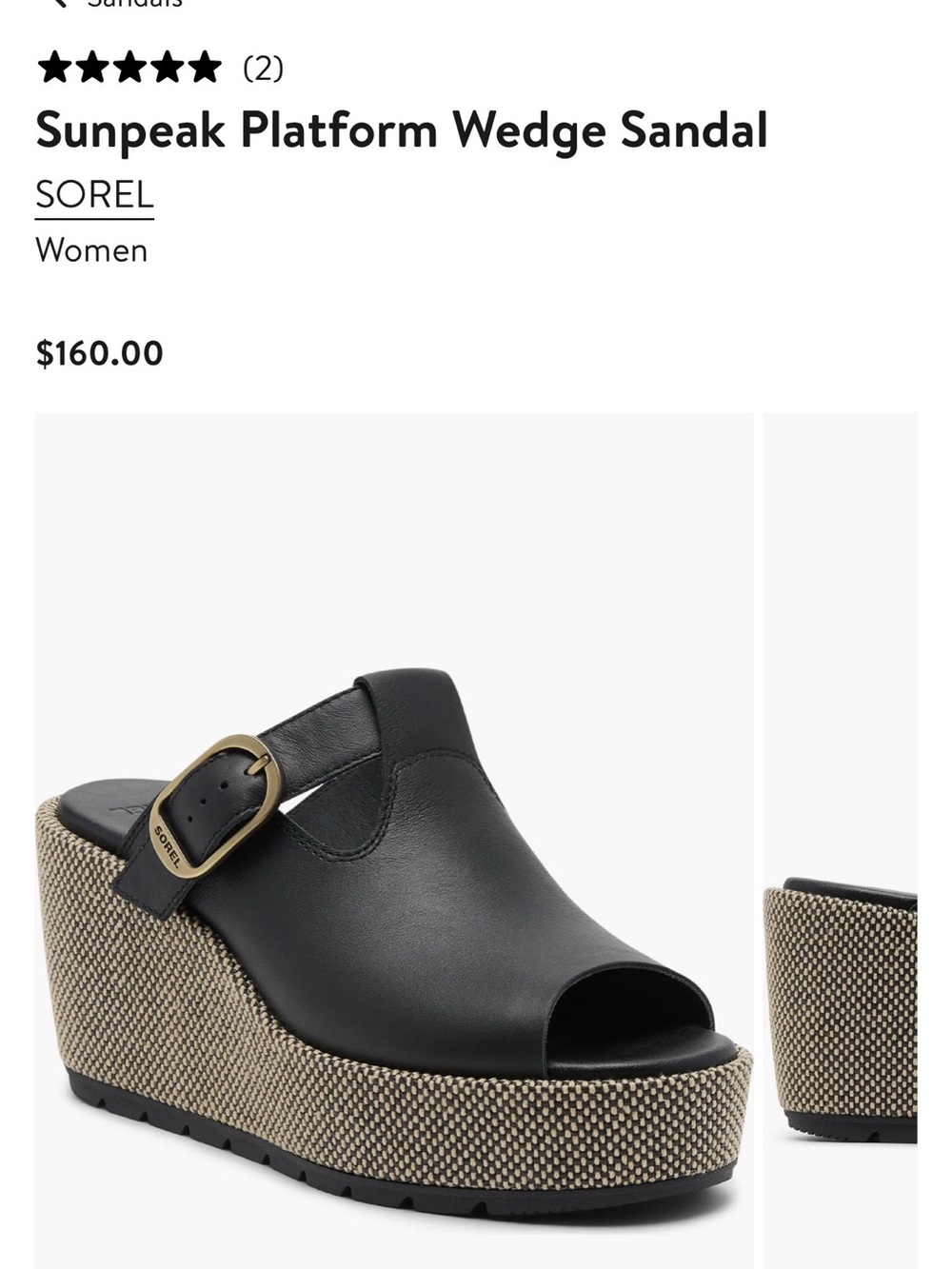 SOREL Sunpeak Platform Wedge Sandal - Black Size 8. Brand New